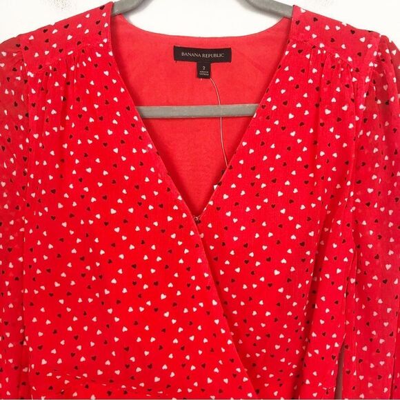 BANANA REPUBLIC | NEW Heart Print Red Wrap Style Mini Dress Women’s Size 2 - Picture 5 of 13